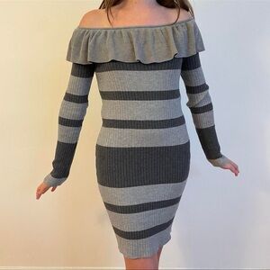 Gray ruffle off shoulder ribbed knit medium mini dress long sleeve sweater